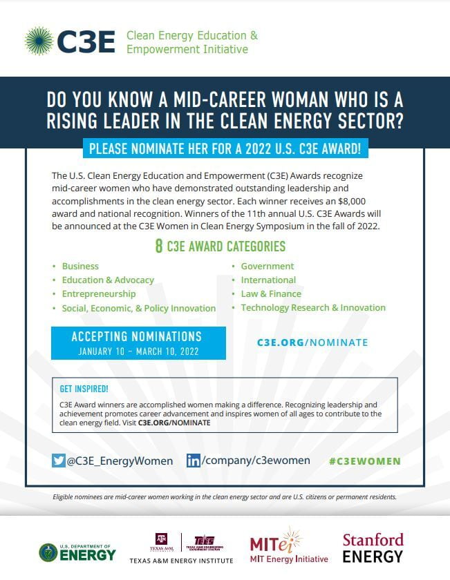  Nominate a Woman in Clean Energy for a U.S. C3E Award